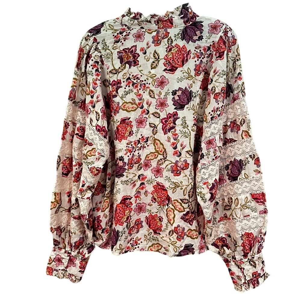 House of Harlow 1960 Peasant Floral Balloon Sleeve Blouse Women's‎ Large Cream - Picture 7 of 10